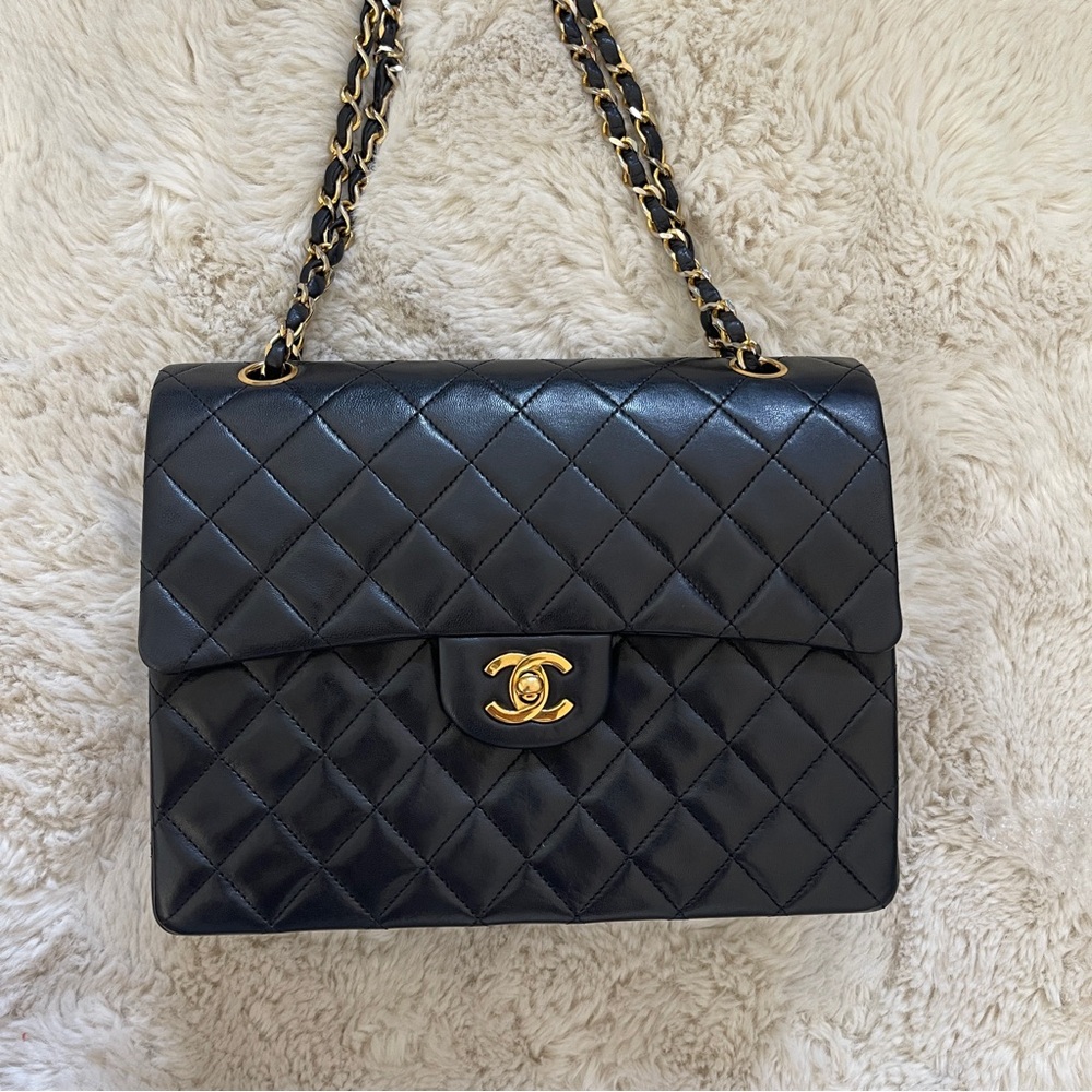 CHANEL Black Quilted Lambskin Double Flap Shoulder Bag with Gold Hardware